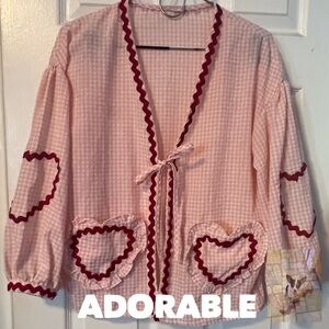 Pink Gingham and Red RickRack Heart Long Sleeve Blouse With Single Tie